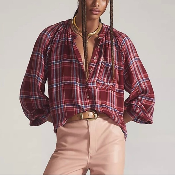 Anthropologie Tops - Pilcro Anthropologie Women Breezy Plaid Button Down Shirt XS Maroon Long Sleeve